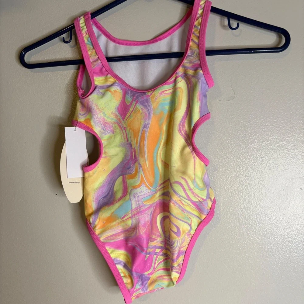 Ocean Pacific Girls 6 Pink Marble Cut Out One Piece Swimsuit with‎ Mesh Skirt